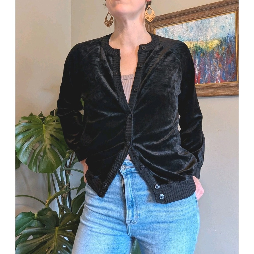 Vintage Velvet Cardigan Vivanti Women's Black Made In USA Buttons‎ Trim Size M/L
